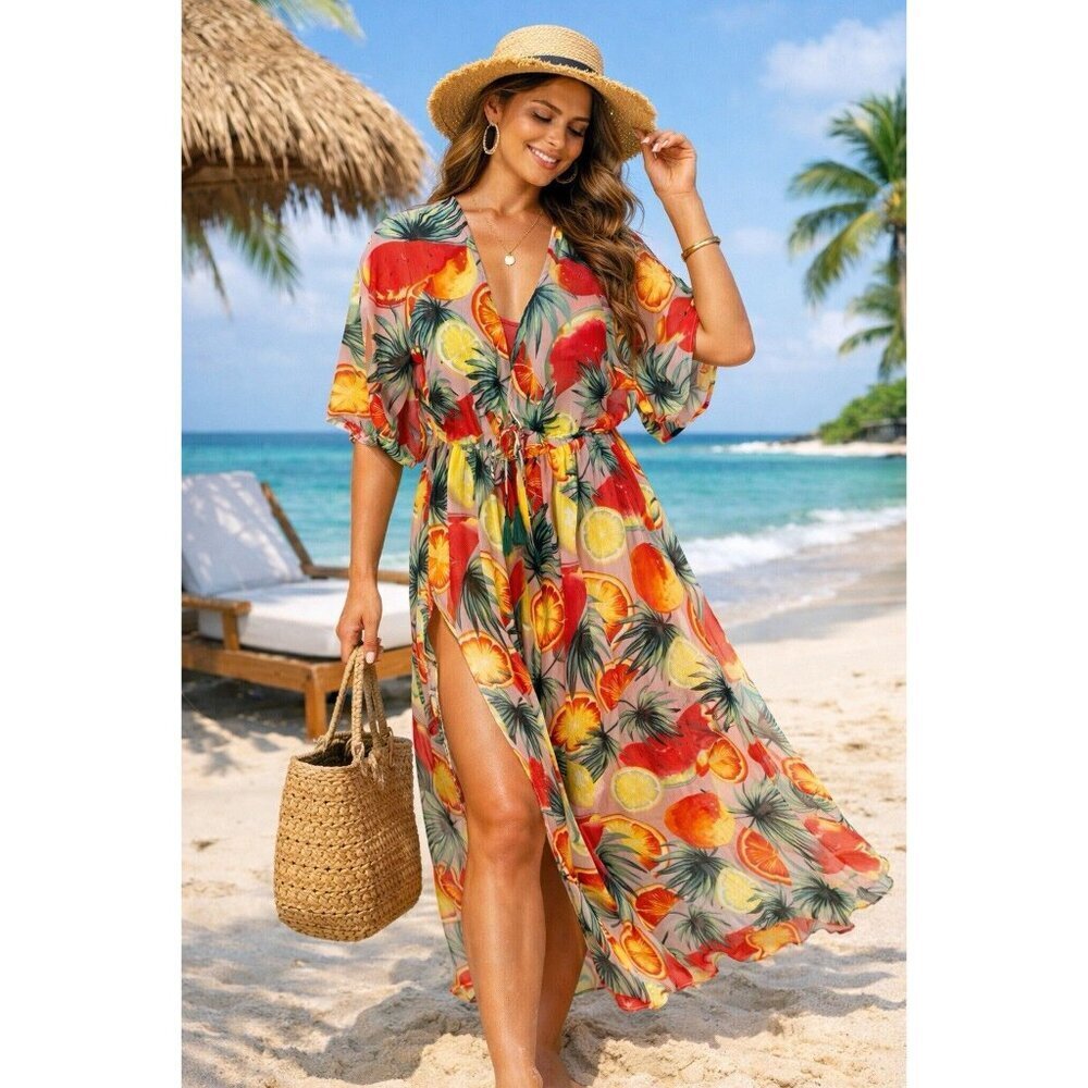America & Beyond Fruit Punch Maxi CoverUp Dress Size LG Tropical Beach Cruise